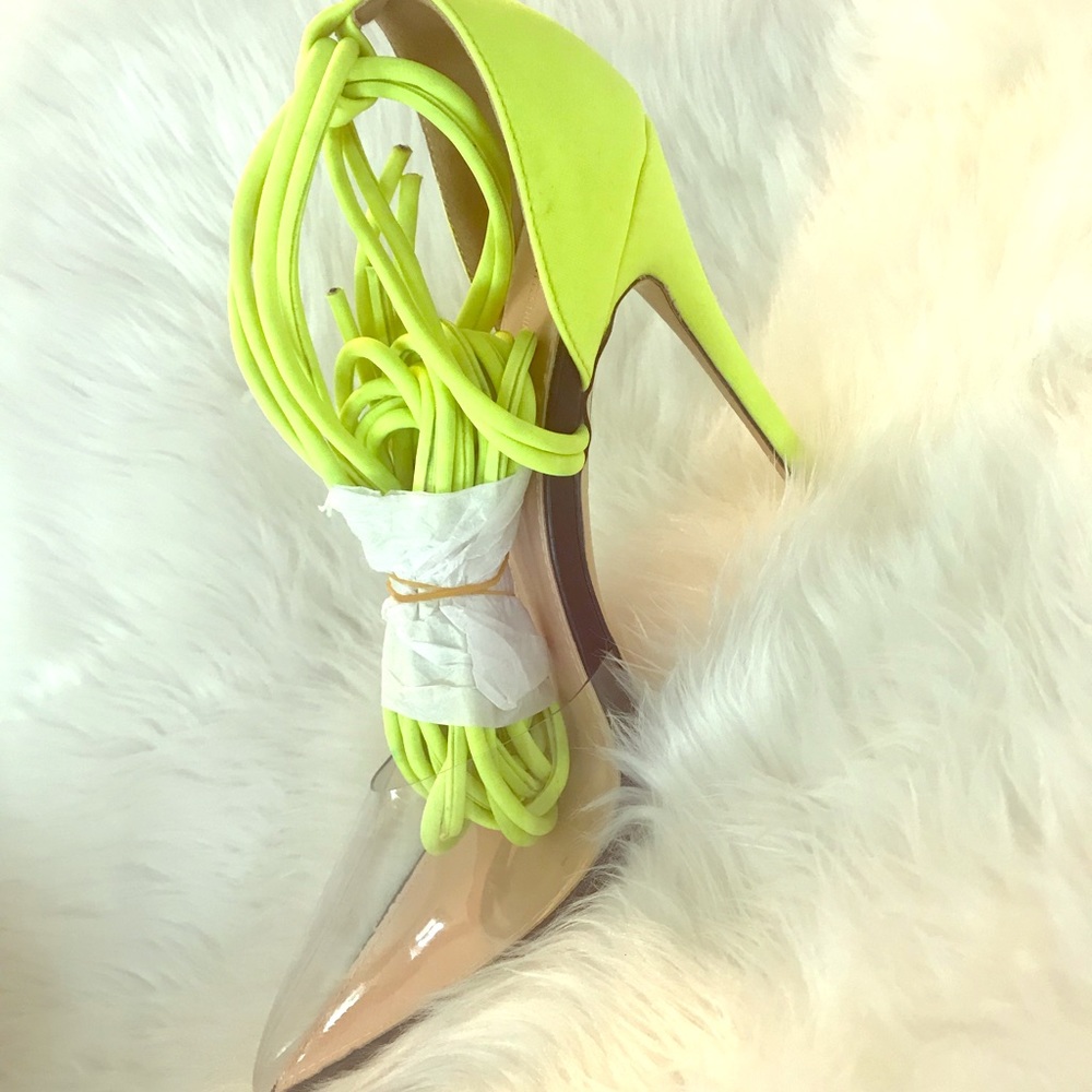 Lime Green & Clear Pointy Tie Up Pumps